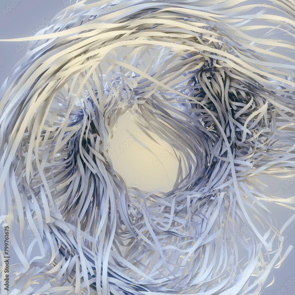 Poster Digital abstract illustration with a swirl of paper ribbons. 3d rendering