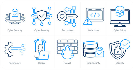 A set of 10 cyber security icons as cyber security, encryption, code issue