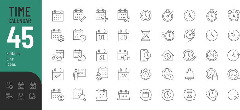 Time and calendar Line Editable Icons set. Vector illustration in modern thin line style of time management related icons: clock, stopwatch, timer, schedule, date, and more. Pictograms and infographic