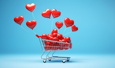 red ballon hearts in a shopping cart