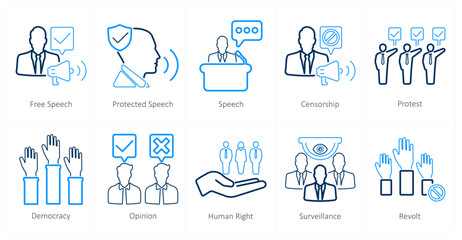 A set of 10 freedom of speech icons as free speech, protected speech, speech