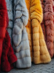 Winter fashion collection. Fashion stylish trendy fluffy red fur coats outfits. Street style,, RED AN YELLOW AND MAROON COLOUR AND GRAY 

