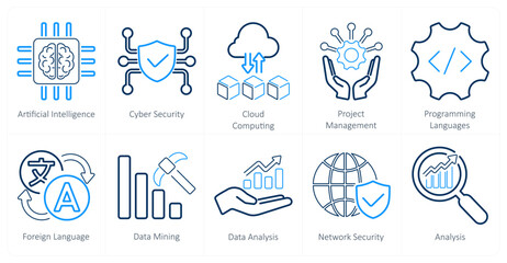 A set of 10 hard skills icons as artificial intelligence, cyber security, cloud computing