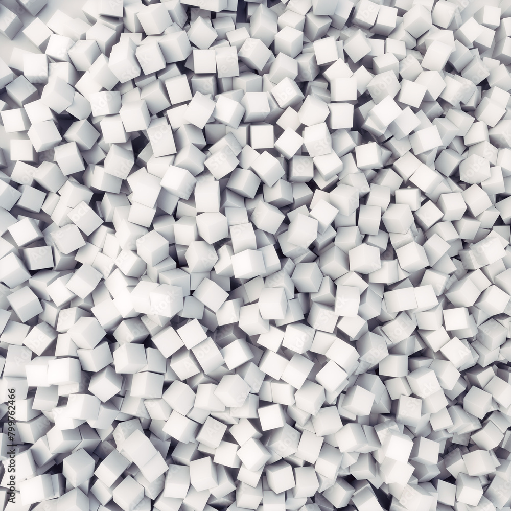 Aufkleber White cube-shaped objects chaotically piled on top of each other. 3d rendering digital illustration