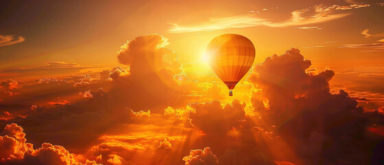The sun setting behind a lone yellow balloon, its radiant glow illuminating the surrounding orange clouds in a breathtaking display of color.