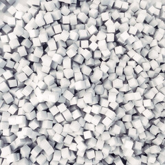 White cube-shaped objects chaotically piled on top of each other. 3d rendering digital illustration