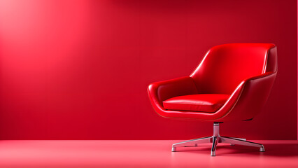 A red leather chair sits in front of a red wall