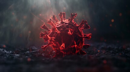3d render of red corona virus with blurred background, closeup shot. - obrazy, fototapety, plakaty
