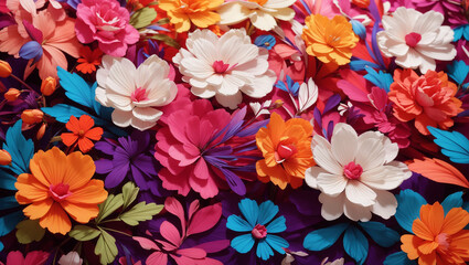 various paper flowers of different colors on a blue background