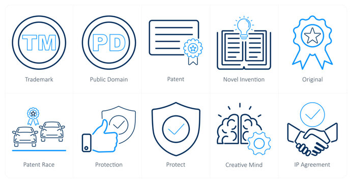 A set of 10 intellectual property icons as trademark, public domain, patent