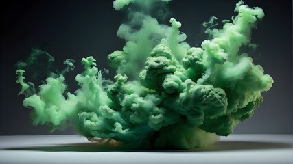 An explosion of green smoke, thick and billowing, rising upward against a transparent background. The smoke is dense, with varying shades of green swirling and mixing together, creating a captivating  - obrazy, fototapety, plakaty