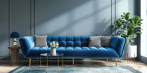 Interior of living room with blue sofa 3d rendering 