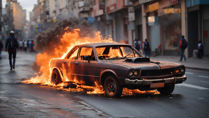 A car is on fire in the middle of a street