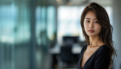 Exuding confidence, a beautiful young Asian female CEO graces a fashion portrait, standing gracefully in her stylish office environment.