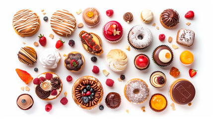 beautiful desserts in the assortment on a white background. a flat assortment of beautiful desserts with berries, cream. desserts for the holiday