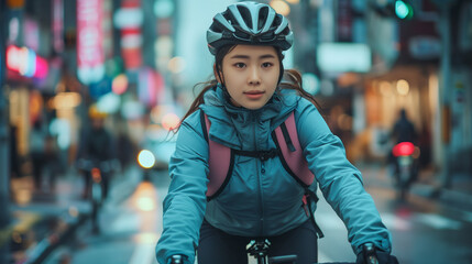 A bustling city backdrop frames a front-facing image of a young Asian female cyclist wearing a helmet, emblematic of an active urban lifestyle.