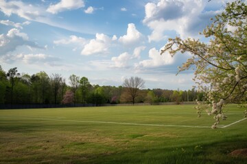 Fototapeta premium Envision an empty training ground on a calm spring afternoon, the air filled with the chirping of birds and the scent of blooming, Generative AI