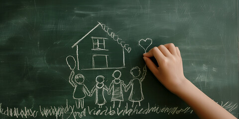 A hand sketches a loving family and home on a blackboard, evoking themes of education, creativity, and domestic bliss