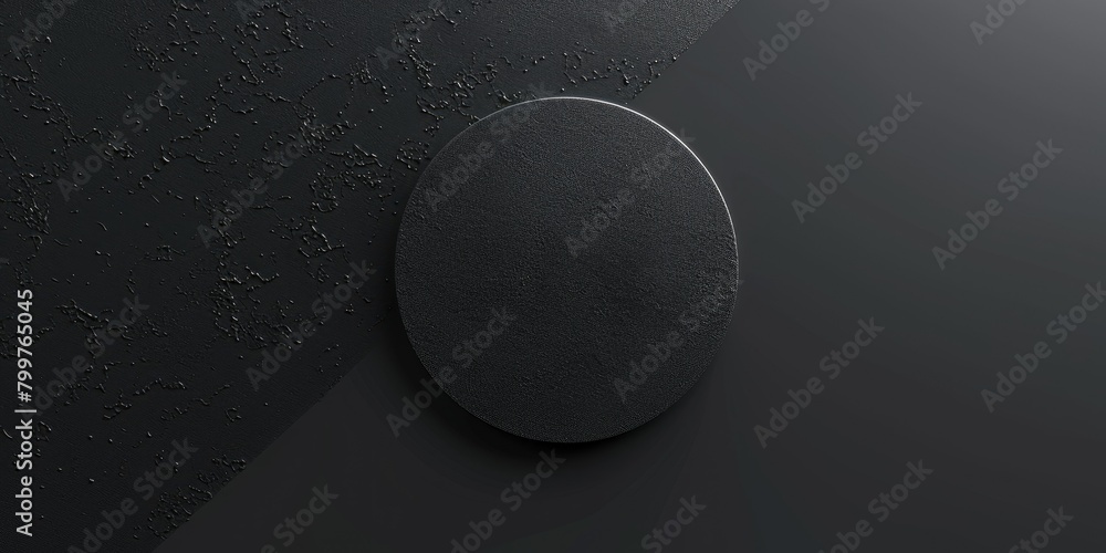 Poster minimalist background with embossed circle. black surface with raised 3d shape. 3d render.
