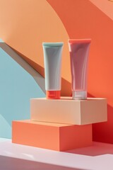 Colorful Skincare Tubes on Geometric Shapes - Trendy Cosmetic Product Display