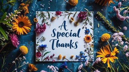 Vibrant thank you card mockup, A heartfelt gratitude card with "A Special Thanks" surrounded by a vibrant assortment of colorful wildflowers on a rich blue background.