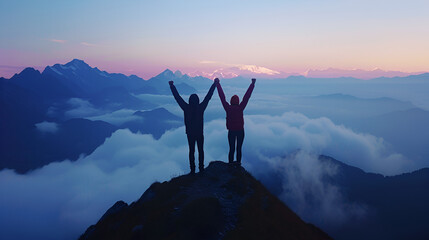Three people on a mountain peak, arms raised in triumph, misty mountains backdrop