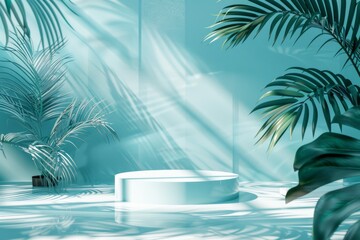 Fototapeta premium Tropical Palm Shadows on Minimalistic Cyan Studio Backdrop