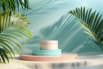 Fototapeta premium Tropical Beach Display with 3D Podiums and Palm Shadows for Product Showcase