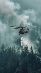 Fototapeta na wymiar To put out a forest fire, a firefighting helicopter is equipped with a water bucket.