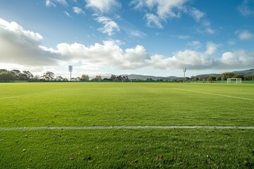 Envision an empty training ground on a windy day, the grass bending and swaying in the breeze, the sound of rustling leaves, Generative AI