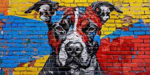 graffiti on a brick wall abstract texture painting of dog painted on brick wall with red yellow color background
