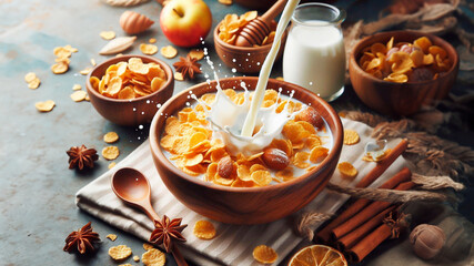 Corn flakes with milk splash in bowl 