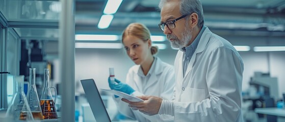 A female technician and a middle-aged engineer are talking while using a laptop.