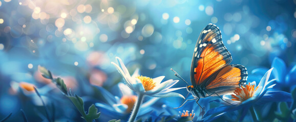 A delicate butterfly perched on the center of an oversized white flower, with vibrant blue and yellow hues in the background, creating a dreamy atmosphere. 