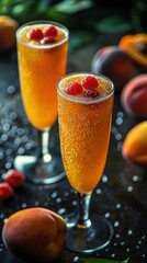 A refreshing summer cocktail with peaches, cranberries, and mint. - obrazy, fototapety, plakaty