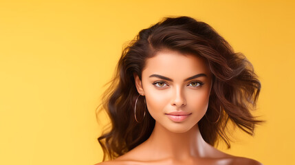 Portrait of a beautiful, elegant, sexy Latino, Spain woman with perfect skin, on a yellow background, banner.