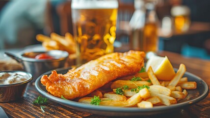 Platter of beer and fish and fries - obrazy, fototapety, plakaty