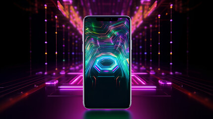 Futuristic smartphone with neon triangle design on screen, glowing edges, against abstract geometric background