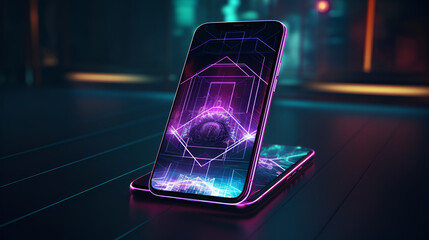 Futuristic smartphone with neon triangle design on screen, glowing edges, against abstract geometric background