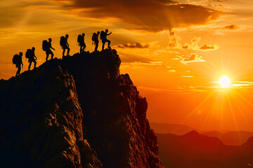 Hikers on a mountain at sunset, silhouetted against vibrant skies, embodying adventure and nature’s grandeur.