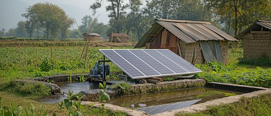 A solar panel is used to pump groundwater to storage during a rural drought.