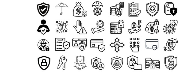 Set of  32 Protection Outline Icons Set, Linear icon collection. Editable stroke. Vector illustration