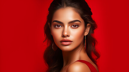 Beautiful, elegant, sexy Latino, Spain woman with perfect skin, on a red background, banner.