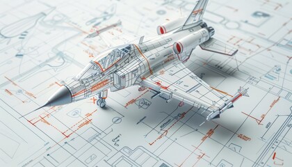 An engineering drawing details the mechanics of a toy jet, showcasing precise lines and annotations, enhancing an engineering drawing concept