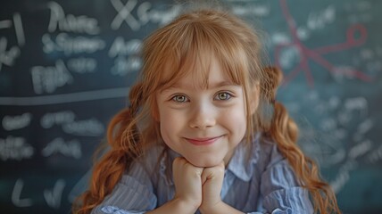 A gifted little girl solves an arithmetic problem that her teacher gave her. A happy elementary school student working hard in her studies - obrazy, fototapety, plakaty