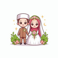 cute wedding couple bride and groom isolated on white background, vector cartoon illustration