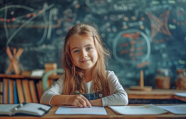 A gifted little girl solves an arithmetic problem that her teacher gave her. A happy elementary school student working hard in her studies - obrazy, fototapety, plakaty