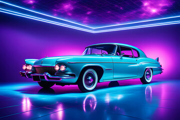 3d illustration retro Car and background neon retro wave 80s style, City Night colorful vibrant	 - obrazy, fototapety, plakaty