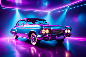 3D illustration retro Car and background neon retro wave 80s style, City Night colorful vibrant	 - obrazy, fototapety, plakaty