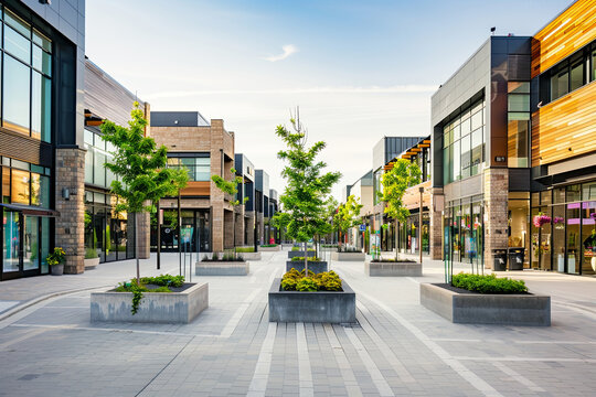 Photo of the mall shopping street in North America. Exterior of a new shopping centre building. Mall complex outdoor
